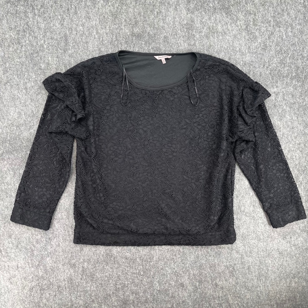 Juicy Couture Top Womens Extra Large Black Floral Lace Ruffle Shoulder